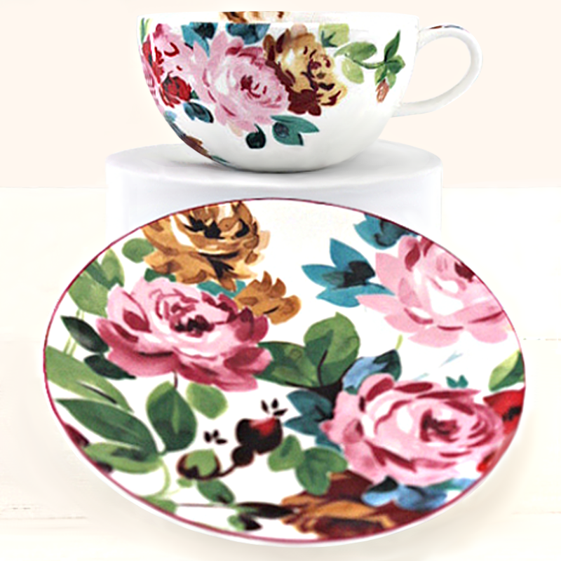 Floral Rose Teacup + Saucer