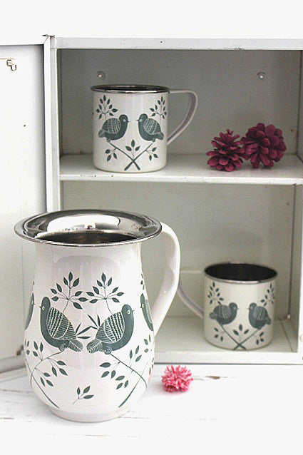 Hand Painted Bird Enamel Jugs